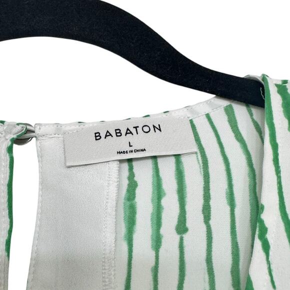 Aritzia Babaton Green White Striped Tie Waist Blouse Top Size L Flutter Sleeve - Picture 4 of 7
